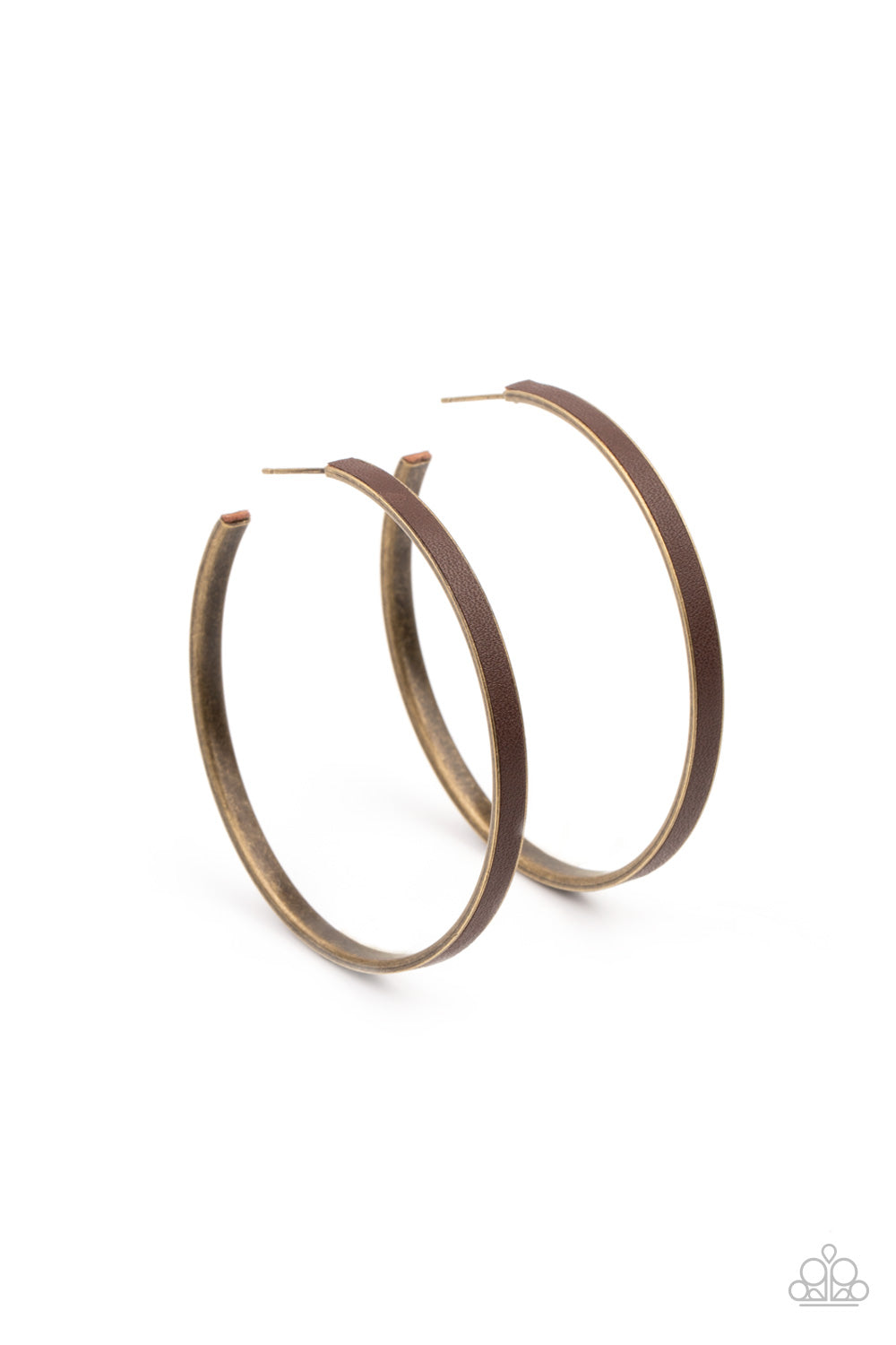 Fearless Flavor Brass Hoop Earring - Paparazzi Accessories  A brown leather lace is pressed along the indented spine of a brass hoop, creating a bold pop of color. Earring attaches to a standard post fitting. Hoop measure approximately 2 1/4" in diameter.  Sold as one pair of hoop earrings.
