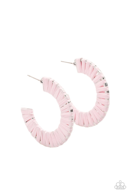 A Chance of RAINBOWS Pink Hoop Earring - Paparazzi Accessories.  Pink wicker-like cording wraps around a thick silver hoop, creating a flirty pop of color. Earring attaches to a standard post fitting. Hoop measures approximately 1 1/2" in diameter.  ﻿﻿﻿All Paparazzi Accessories are lead free and nickel free!  Sold as one pair of hoop earrings.