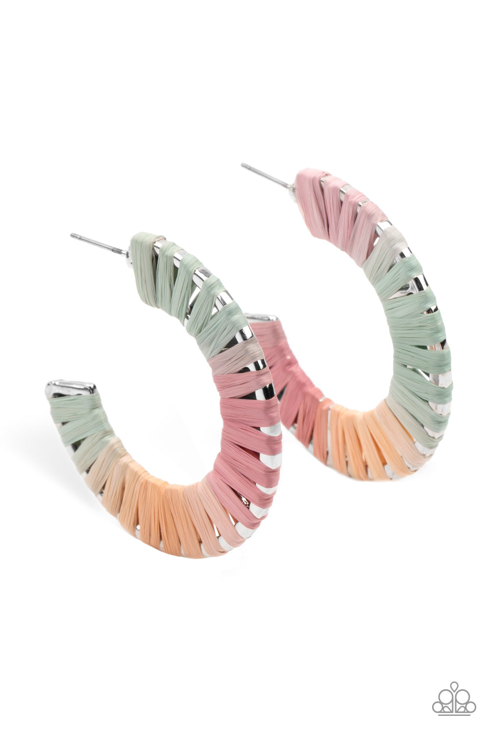 A Chance of RAINBOWS Multi Hoop Earring - Paparazzi Accessories. Multicolored wicker-like cording wraps around a thick silver hoop, creating a flirty pop of color. Earring attaches to a standard post fitting. Hoop measures approximately 1 1/2" in diameter.  All Paparazzi Accessories are lead free and nickel free!  Sold as one pair of hoop earrings.