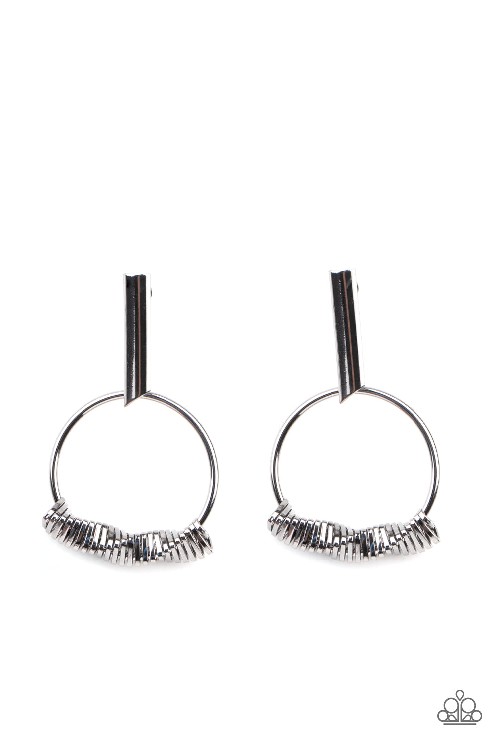 Set Into Motion Black Earring - Paparazzi Accessories  Glistening gunmetal triangular rings are delicately fitted in place along the bottom of a dainty gunmetal hoop, creating the illusion of twisting movement. The edgy hoop links to a gunmetal rectangular hoop, creating an edgy lure. Earring attaches to a standard post fitting.  All Paparazzi Accessories are lead free and nickel free!  Sold as one pair of post earrings.