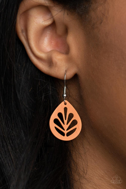 LEAF Yourself Wide Open Orange Earring - Paparazzi Accessories  Painted in a colorful Marigold finish, a dainty orange leaf frame is stenciled in airy cutouts for a whimsical seasonal fashion. Earring attaches to a standard fishhook fitting.  All Paparazzi Accessories are lead free and nickel free!  Sold as one pair of earrings.