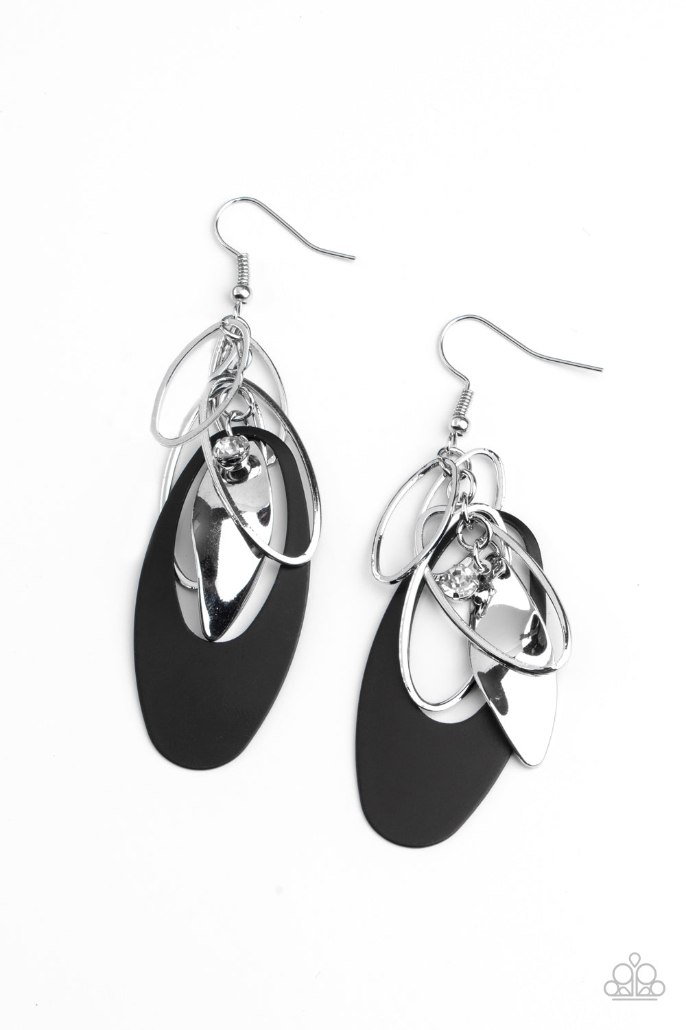 Ambitious Allure Black Earring - Paparazzi Accessories. Infused with a glassy white rhinestone, shiny silver ovals, a twisted silver plate, and an oversized black frame trickle along a shimmery silver chain, creating a noise-making tassel. Earring attaches to a standard fishhook fitting.  All Paparazzi Accessories are lead free and nickel free!  Sold as one pair of earrings.