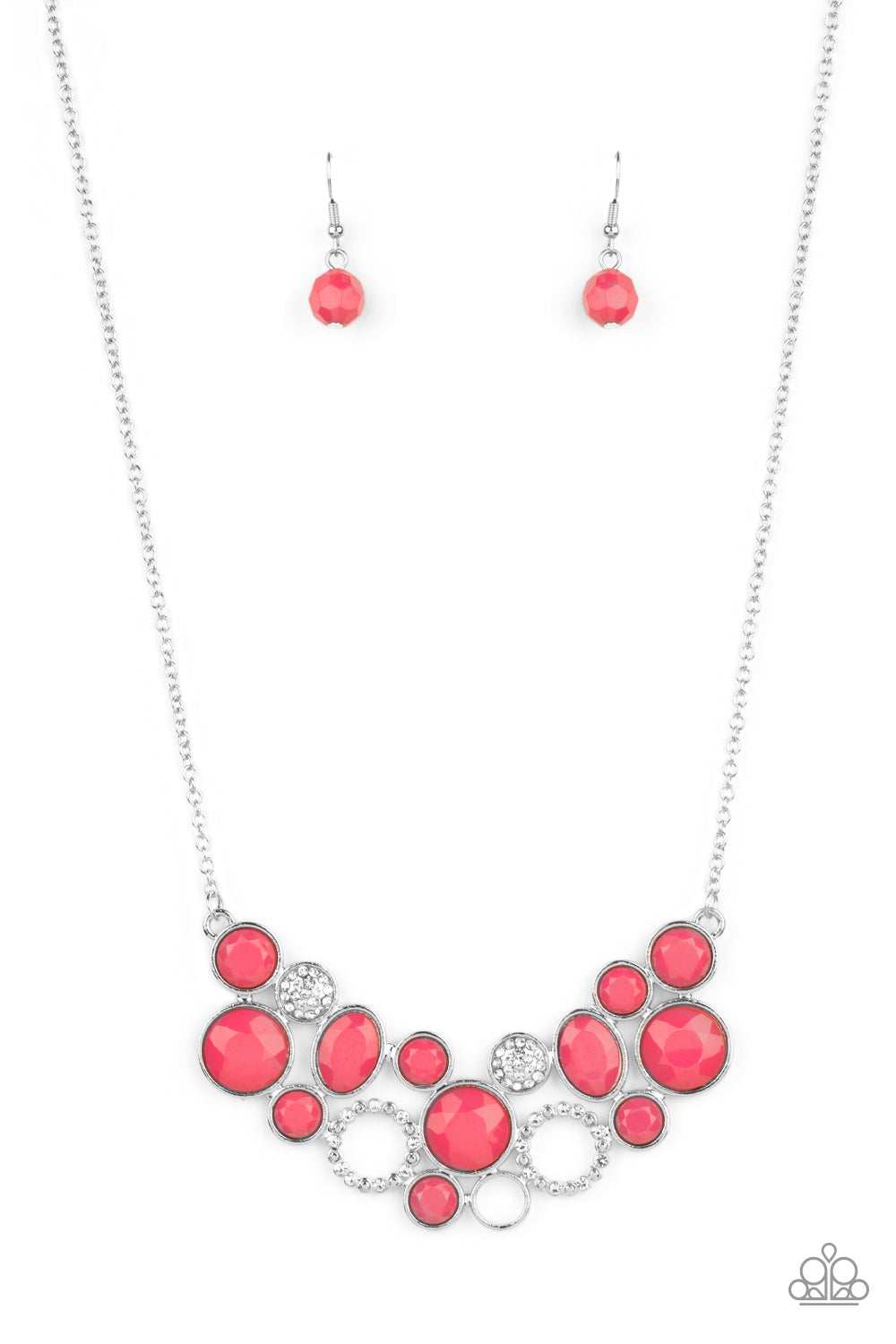Extra Eloquent Pink Necklace - Paparazzi Accessories  A mismatched collection of faceted pink beaded frames and white rhinestone embellished accents delicately connect into a bubbly clustered pendant below the collar, creating a colorful statement piece. Features an adjustable clasp closure.  All Paparazzi Accessories are lead free and nickel free!  Sold as one individual necklace. Includes one pair of matching earrings.