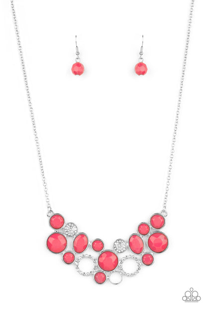 Extra Eloquent Pink Necklace - Paparazzi Accessories  A mismatched collection of faceted pink beaded frames and white rhinestone embellished accents delicately connect into a bubbly clustered pendant below the collar, creating a colorful statement piece. Features an adjustable clasp closure.  All Paparazzi Accessories are lead free and nickel free!  Sold as one individual necklace. Includes one pair of matching earrings.