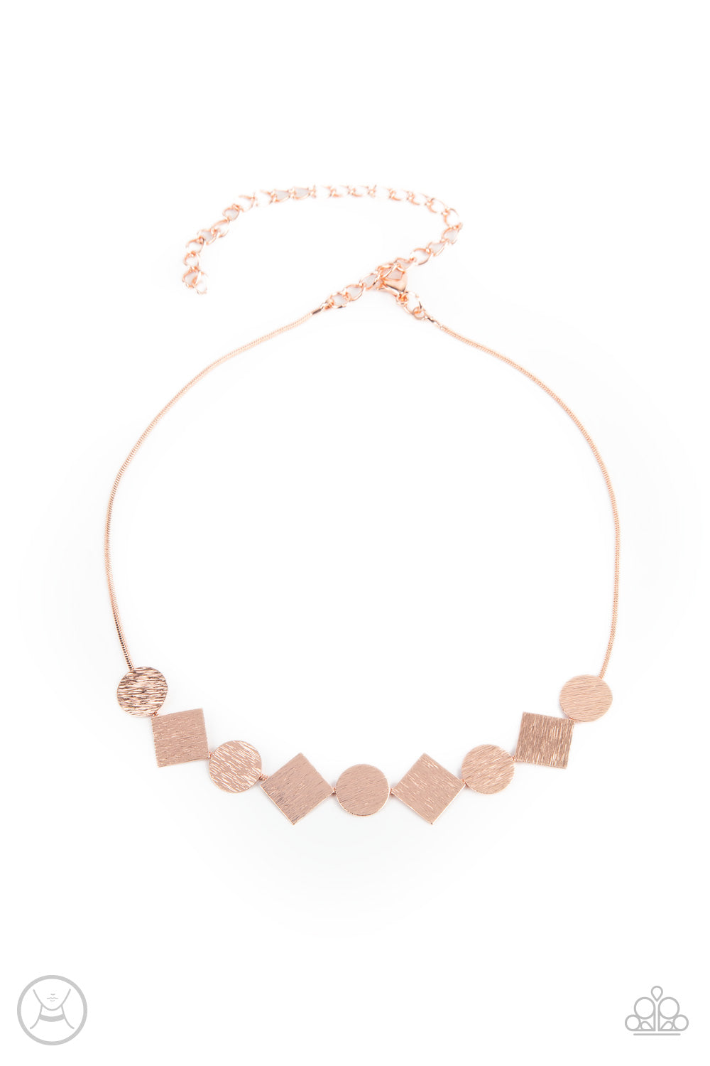 Don't Get Bent Out Of Shape Copper Choker Necklace - Paparazzi Accessories  Featuring shimmery scratched surfaces, a dainty collection of flat round and square shiny copper frames adorn the front of a shiny copper snake chain around the neck for a minimalist inspired look. Features an adjustable clasp closure.  All Paparazzi Accessories are lead free and nickel free!  Sold as one individual choker necklace. Includes one pair of matching earrings.