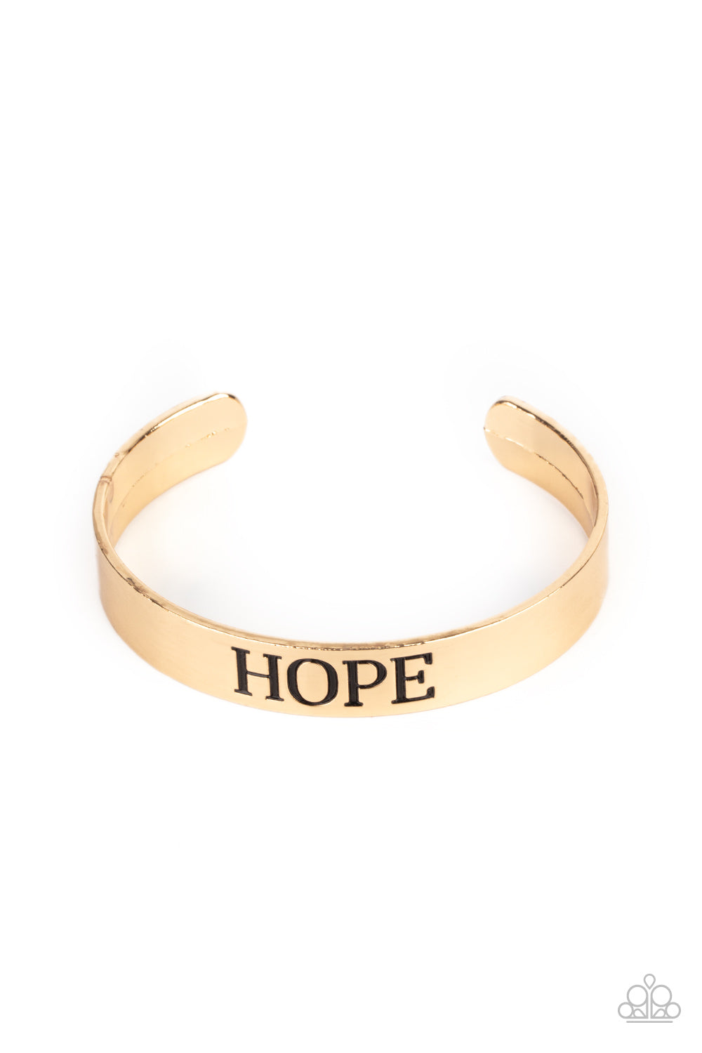 Hope Makes The World Go Round Gold Cuff Bracelet - Paparazzi Accessories  The center of a shiny gold cuff is stamped in the word, "Hope," for an inspirational look.  Sold as one individual bracelet.