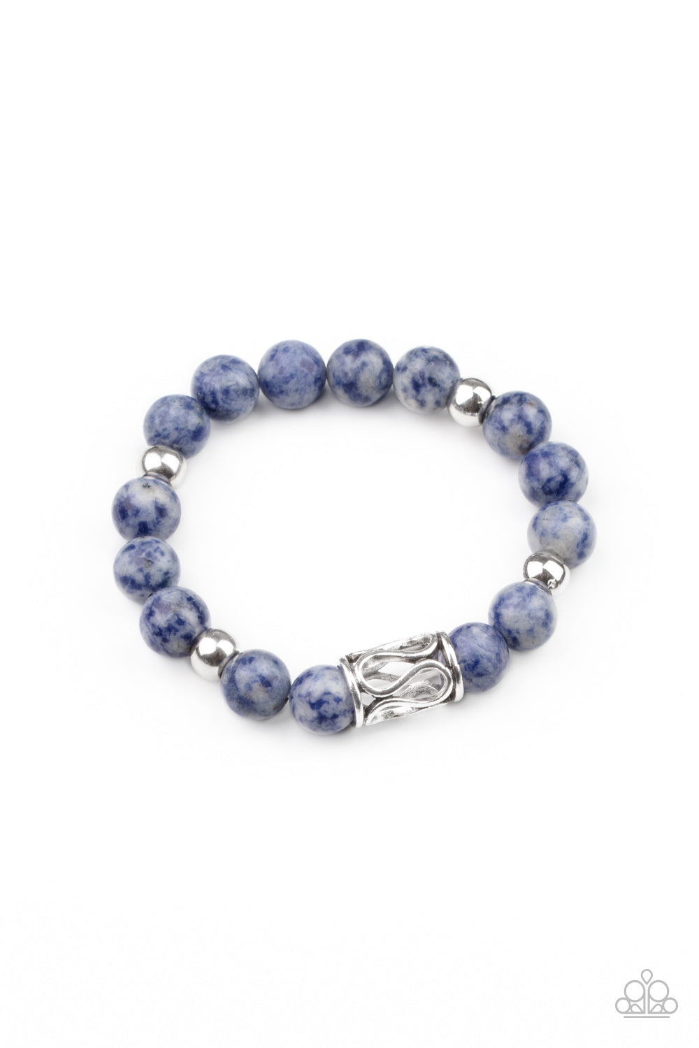 Soothes The Soul Blue Urban Bracelet - Paparazzi Accessories.  Infused with an ornate silver centerpiece, an earthy collection of silver and lapis lazuli beads are threaded along a stretchy band around the wrist for a seasonal flair.  ﻿﻿﻿All Paparazzi Accessories are lead free and nickel free!  Sold as one individual bracelet.