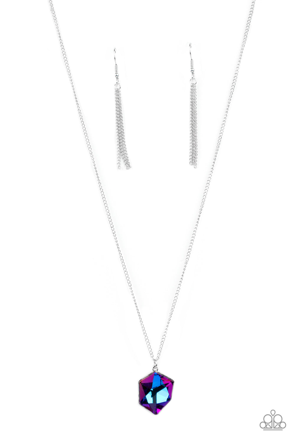 Stellar Serenity Purple Necklace - Paparazzi Accessories  Featuring a UV shimmer, a purple iridescent raw-cut gem dazzles below the collar, creating an out-of-this-world sparkle. Features an adjustable clasp closure.  All Paparazzi Accessories are lead free and nickel free!  Sold as one individual necklace. Includes one pair of matching earrings.