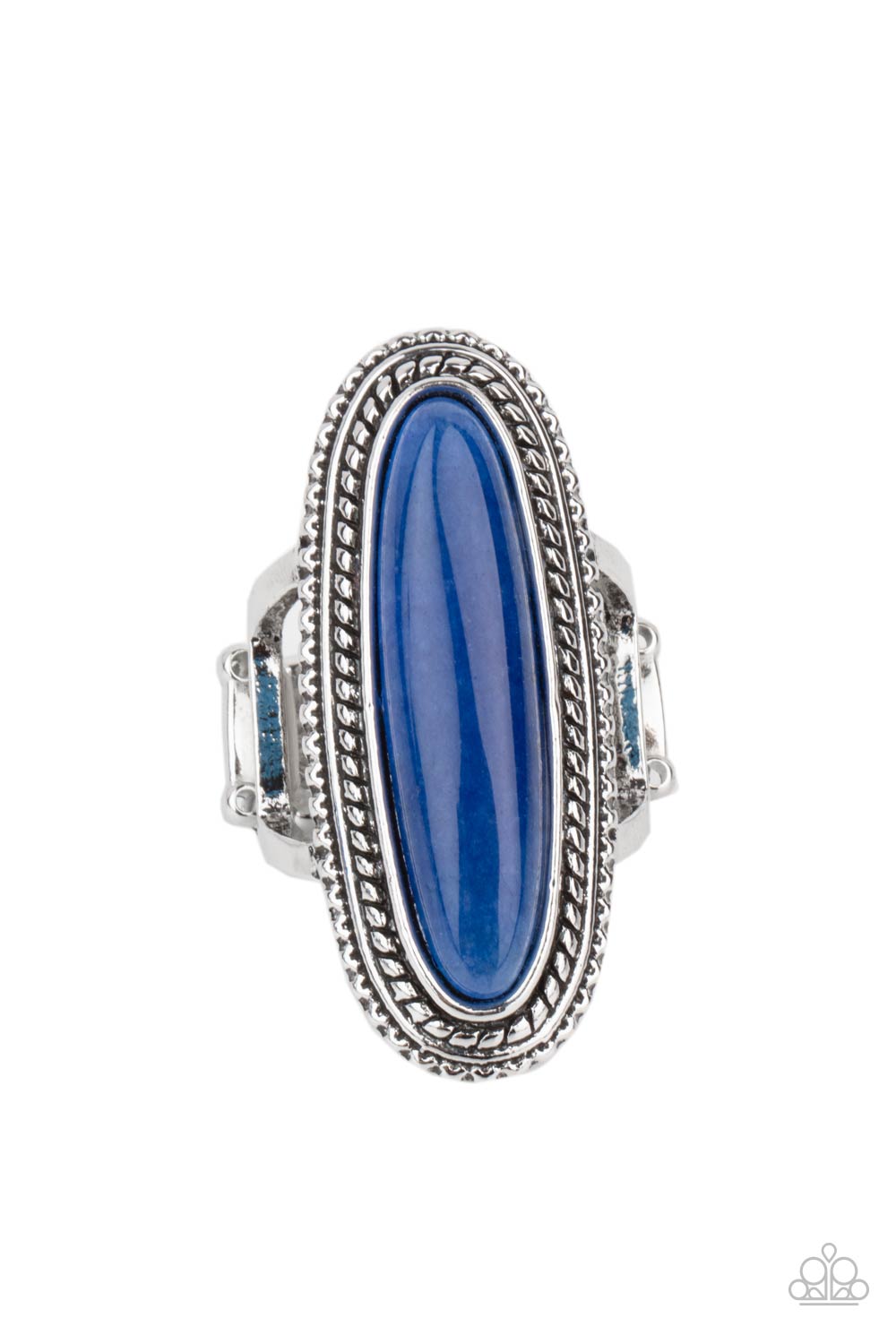Stone Healer Blue Ring - Paparazzi Accessories  An oblong lapis lazuli stone is pressed into the center of a textured silver frame, dramatically dipping down the finger for a statement making stone fashion. Features a stretchy band for a flexible fit.  Sold as one individual ring.