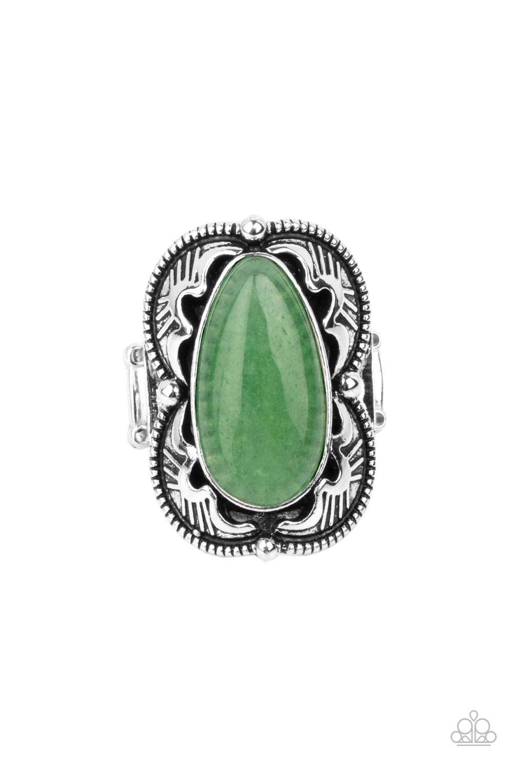 Mystical Mambo Green Ring - Paparazzi Accessories.  An oversized jade teardrop is pressed into the center of a decoratively scalloped silver frame, creating an enchanting centerpiece atop the finger. Features a stretchy band for a flexible fit.  ﻿﻿﻿All Paparazzi Accessories are lead free and nickel free!  Sold as one individual ring.