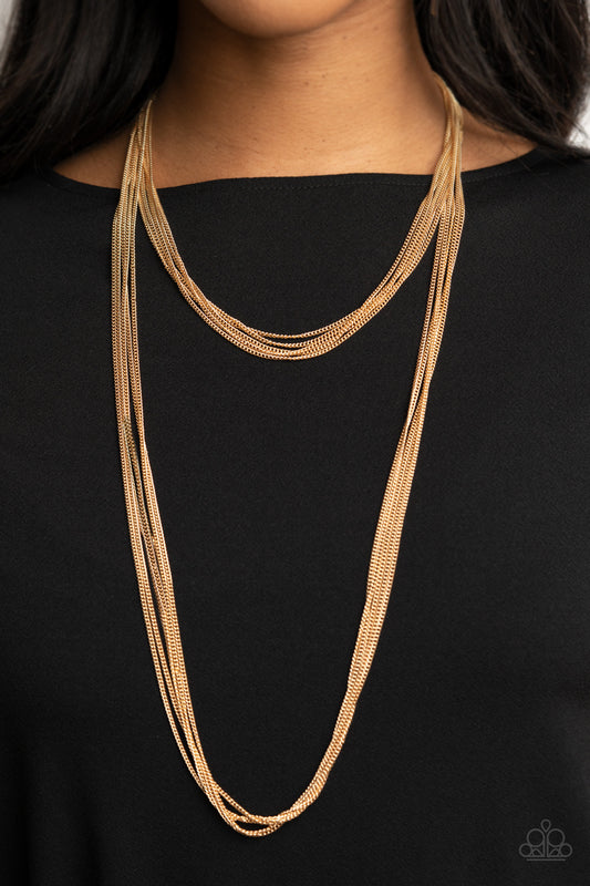 Save Your TIERS Gold Necklace - Paparazzi Accessories  Row after row of dainty gold chains layer down the chest for a boldly tiered look. Features an adjustable clasp closure.  All Paparazzi Accessories are lead free and nickel free!  Sold as one individual necklace. Includes one pair of matching earrings.