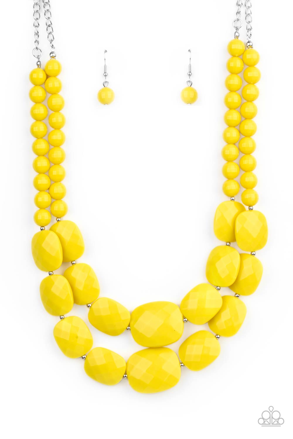 Resort Ready Yellow Necklace - Paparazzi Accessories  Featuring square facets, strands of shimmery Illuminating beads give way to an oversized collection of flattened Illuminating beads. Featuring faceted surfaces, the asymmetrical beads catch and reflect the light as they flawlessly layer below the collar. Features an adjustable clasp closure.  All Paparazzi Accessories are lead free and nickel free!  Sold as one individual necklace. Includes one pair of matching earrings.
