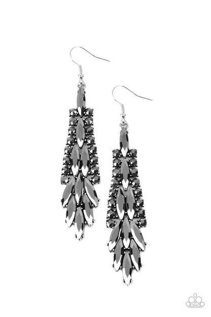 Crown Heiress Silver Earring- Paparazzi Accessories   Smoky hematite marquise cut rhinestones cascade from the center of a silver frame bordered in ribbons of dainty hematite rhinestones, creating a glamorous chandelier. Earring attaches to a standard fishhook fitting.  All Paparazzi Accessories are lead free and nickel free!  Sold as one pair of earrings.