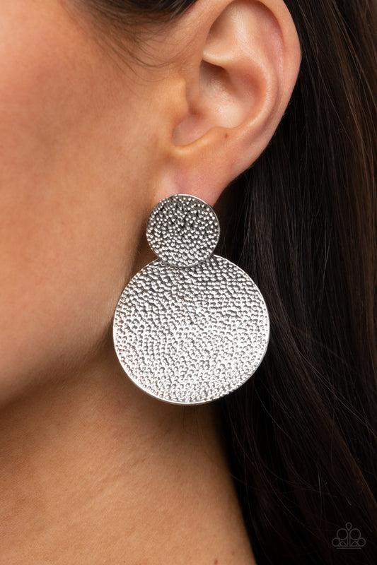 Refined Relic Silver Earring - Paparazzi Accessories  Delicately hammered in shimmery textures, curved silver discs delicately link into a stacked lure. Earring attaches to a standard post fitting.  ﻿All Paparazzi Accessories are lead free and nickel free!  Sold as one pair of post earrings.