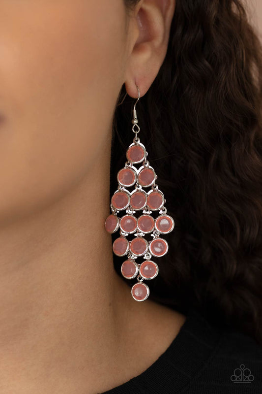 With All DEW Respect Orange Earring - Paparazzi Accessories  Encased in sleek silver fittings, a crystal-like collection of Burnt Coral gems trickle from a silver netted backdrop, creating a dewy display. Earring attaches to a standard fishhook fitting.  ﻿All Paparazzi Accessories are lead free and nickel free!  Sold as one pair of earrings.