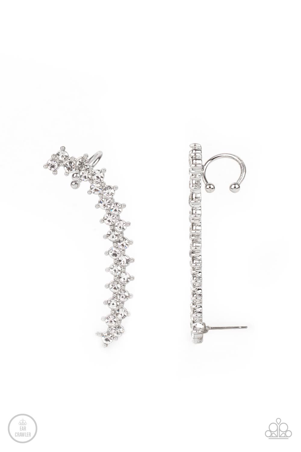 Let There Be LIGHTNING White Ear Crawler Earring - Paparazzi Accessories  Encased in studded silver fittings, pairs of glassy white rhinestones stack into a zigzagging frame up the ear for an electrifying fashion. Features a dainty cuff attached to the top for a secure fit.  Sold as one pair of ear crawlers.