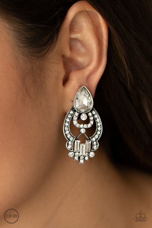 Glamour Gauntlet White Clip-On Earring - Paparazzi Accessories