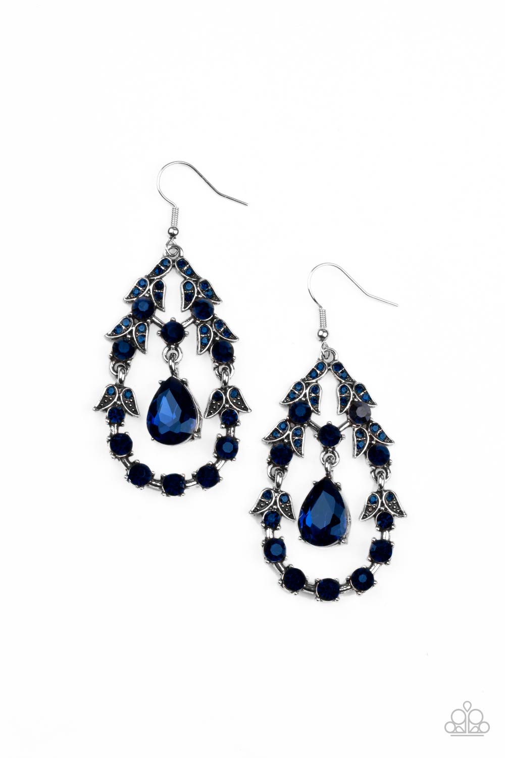 Garden Decorum Blue Earring - Paparazzi Accessories  A solitaire blue teardrop rhinestone swings from the top of an ornately hinged teardrop frame adorned in blue rhinestone dotted leafy silver frames, creating a glamorous centerpiece. Earring attaches to a standard fishhook fitting.  ﻿All Paparazzi Accessories are lead free and nickel free!  Sold as one pair of earrings.