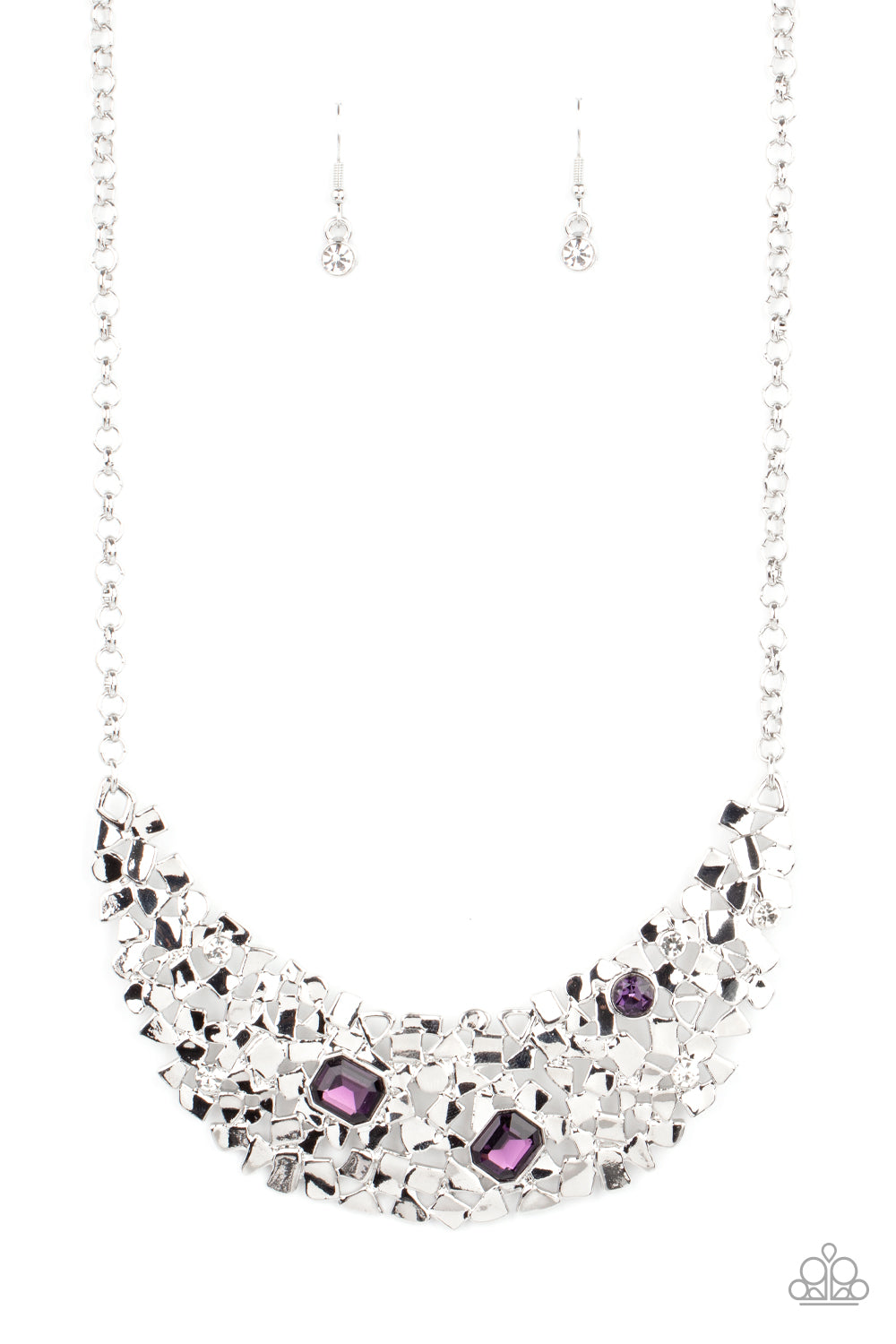 Fabulously Fragmented Purple Necklace - Paparazzi Accessories  Sporadically dotted in mismatched purple and white rhinestones, a smattering of fragmented silver frames coalesce into a bold half moon below the collar for an edgy fashion. Features an adjustable clasp closure.  Sold as one individual necklace. Includes one pair of matching earrings.