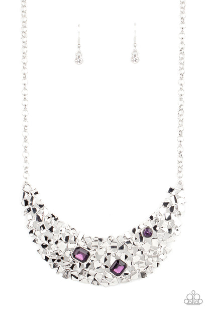 Fabulously Fragmented Purple Necklace - Paparazzi Accessories  Sporadically dotted in mismatched purple and white rhinestones, a smattering of fragmented silver frames coalesce into a bold half moon below the collar for an edgy fashion. Features an adjustable clasp closure.  Sold as one individual necklace. Includes one pair of matching earrings.