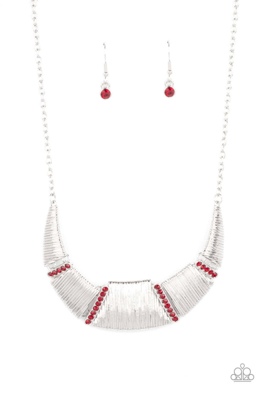 Going Through Phases Red Necklace - Paparazzi Accessories  Embossed in linear textures, trapezoidal and triangular silver plates delicately link with dainty red rhinestone encrusted frames, creating a dramatic half moon below the collar. Features an adjustable clasp closure.  Sold as one individual necklace. Includes one pair of matching earrings.