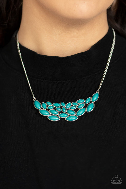 Eden Escape Blue Necklace - Paparazzi Accessories   Encased in sleek silver frames, a collection of marquise shaped blue beads delicately coalesce into a leafy pendant below the collar for a whimsical pop of color. Features an adjustable clasp closure.  ﻿All Paparazzi Accessories are lead free and nickel free!  Sold as one individual necklace. Includes one pair of matching earrings.