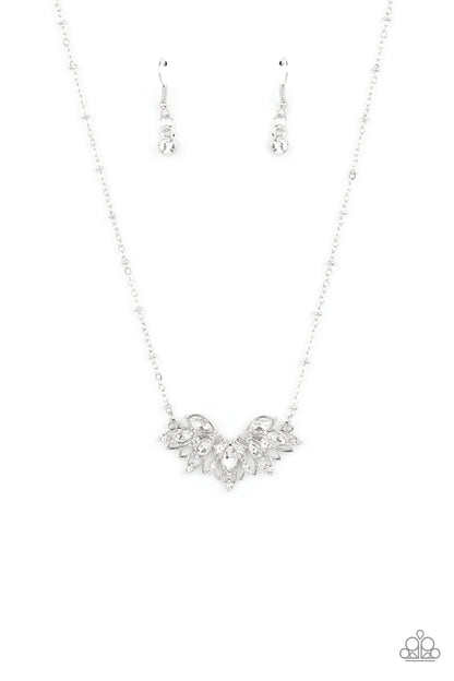 Deluxe Diadem White Necklace - Paparazzi Accessories  Dotted in a dainty collection of classic round and regal marquise cut rhinestones, airy silver petals fan out below the collar, creating a stunning pendant. Features an adjustable clasp closure.  Sold as one individual necklace. Includes one pair of matching earrings.
