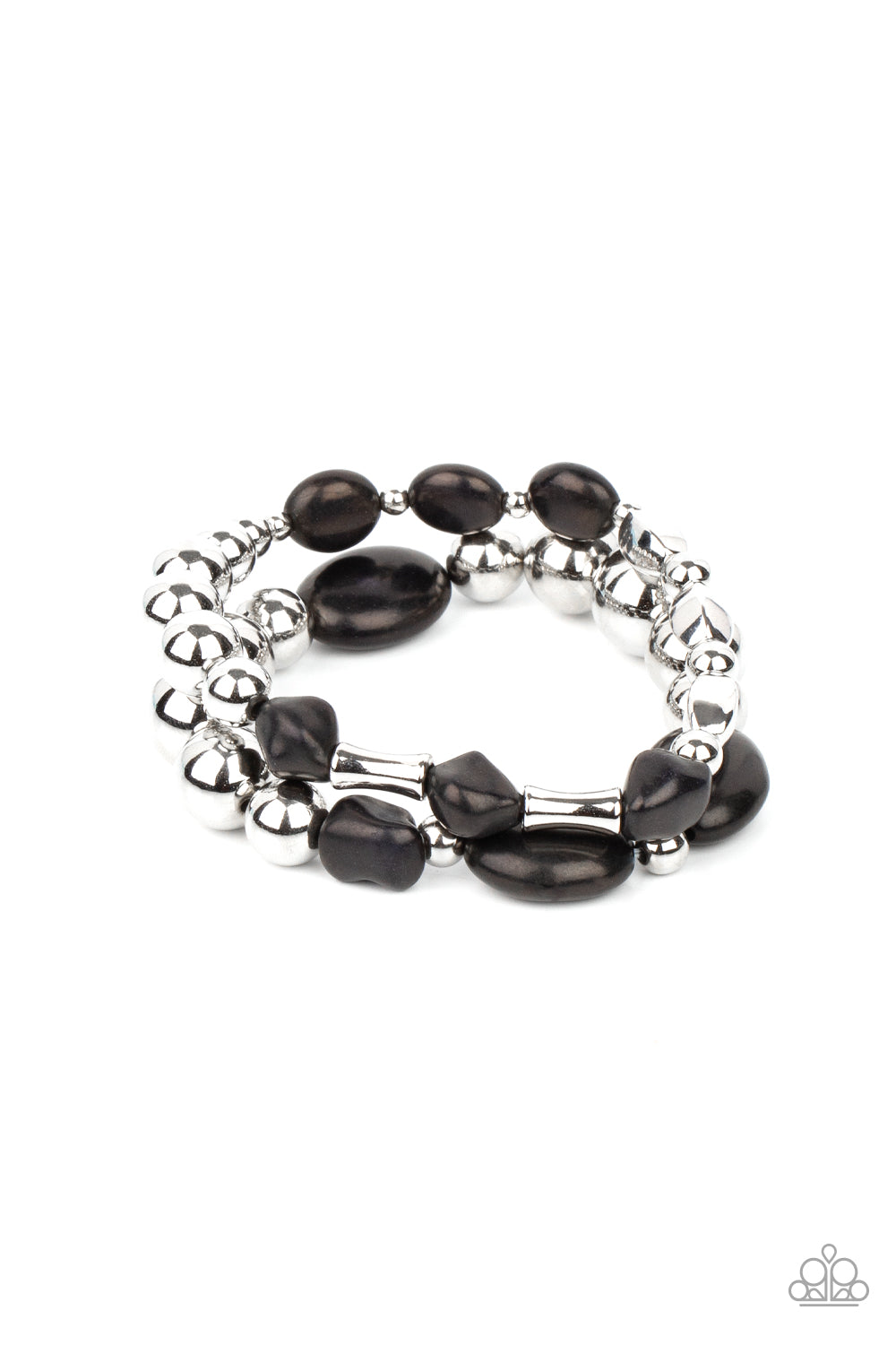 Authentically Artisan Black Bracelet - Paparazzi Accessories. Mismatched black stones and oversized silver beads are threaded along stretchy bands around the wrist, creating earthy layers.  All Paparazzi Accessories are lead free and nickel free!  Sold as one pair of bracelets.
