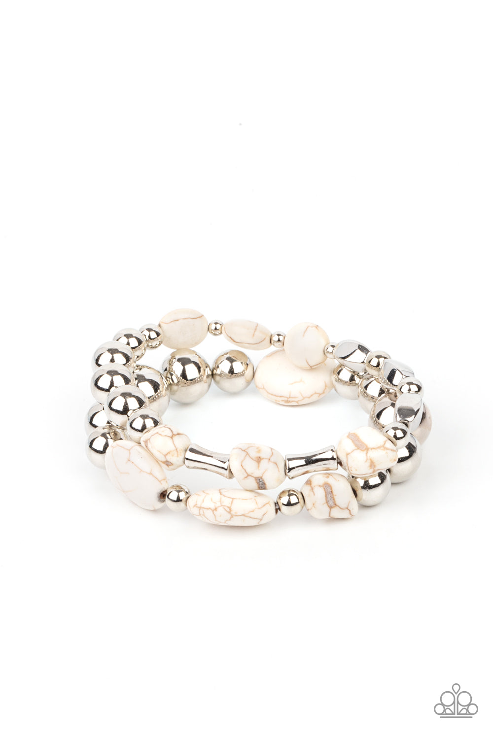 Authentically Artisan White Bracelet - Paparazzi Accessories. Mismatched white stones and oversized silver beads are threaded along stretchy bands around the wrist, creating earthy layers.  All Paparazzi Accessories are lead free and nickel free!  Sold as one pair of bracelets.