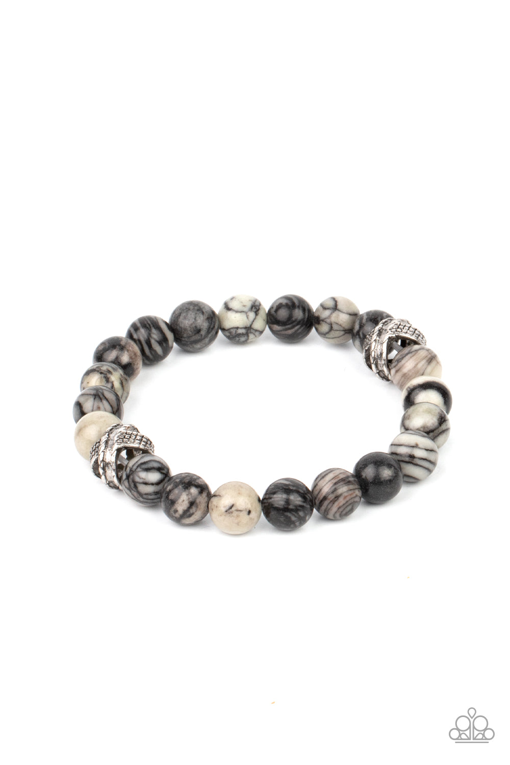 ZEN Commandments Black Urban Bracelet - Paparazzi Accessories  Infused with textured silver accents, an earthy collection of swirling black and white stones are threaded along a stretchy band around the wrist for a seasonal fashion.  All Paparazzi Accessories are lead free and nickel free!  Sold as one individual bracelet.