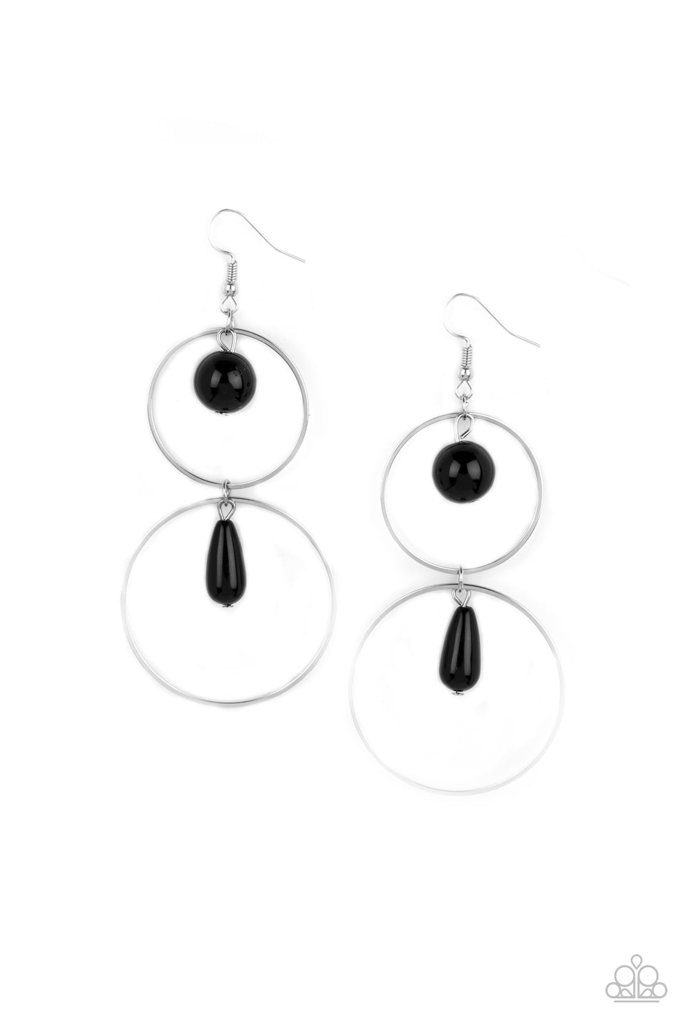 ﻿Cultured in Couture Black Earring - Paparazzi Accessories  A classic black bead swings from the top of a shiny silver hoop that is linked to another silver hoop by a matching black bead, creating a stunningly stacked display. Earring attaches to a standard fishhook fitting.  ﻿All Paparazzi Accessories are lead free and nickel free!  Sold as one pair of earrings.