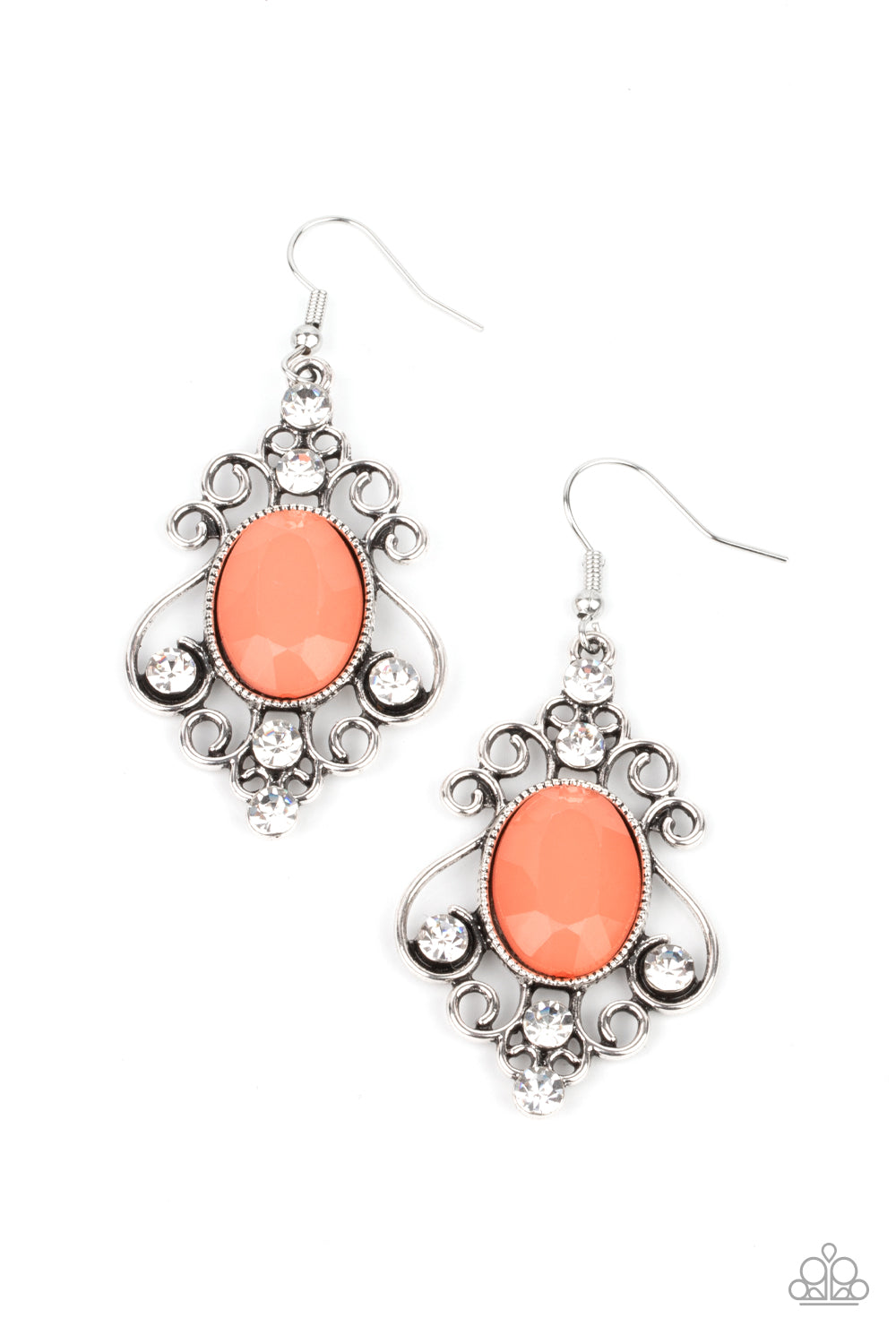 Tour de Fairytale Orange Earring - Paparazzi Accessories  Dotted with glittery white rhinestones, antiqued silver filigree flares out from an opalescent Burnt Coral gem, creating an enchanting chandelier. Earring attaches to a standard fishhook fitting.  All Paparazzi Accessories are lead free and nickel free!  Sold as one pair of earrings.
