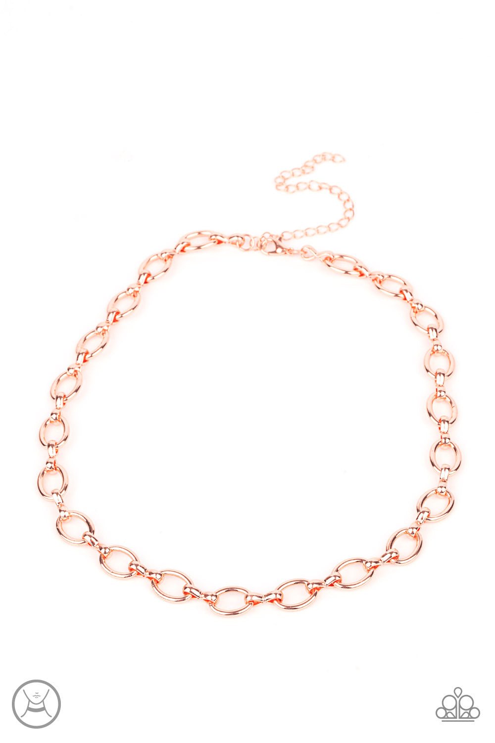 Craveable Couture Copper Choker Necklace - Paparazzi Accessories  A collection of oversized shiny copper ovals and shiny copper fittings interlock around the neck, creating an intense industrial look. Features an adjustable clasp closure.  All Paparazzi Accessories are lead free and nickel free!  Sold as one individual choker necklace. Includes one pair of matching earrings.