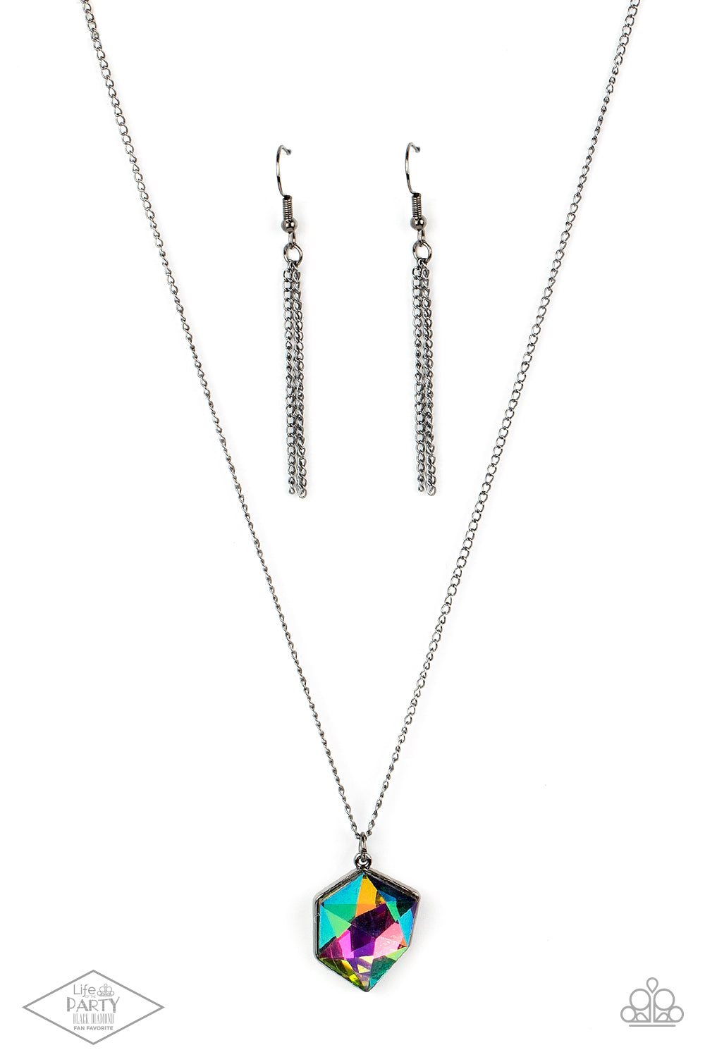 Stellar Serenity Multi Necklace - Paparazzi Accessories  An oil spill raw-cut gem dazzles at the bottom of a dainty gunmetal chain, creating an out-of-this-world sparkle below the collar. Features an adjustable clasp closure.  Sold as one individual necklace. Includes one pair of matching earrings. This Fan Favorite is back in the spotlight at the request of our 2021 Life of the Party member with Black Diamond Access, Jennifer Vanden H.