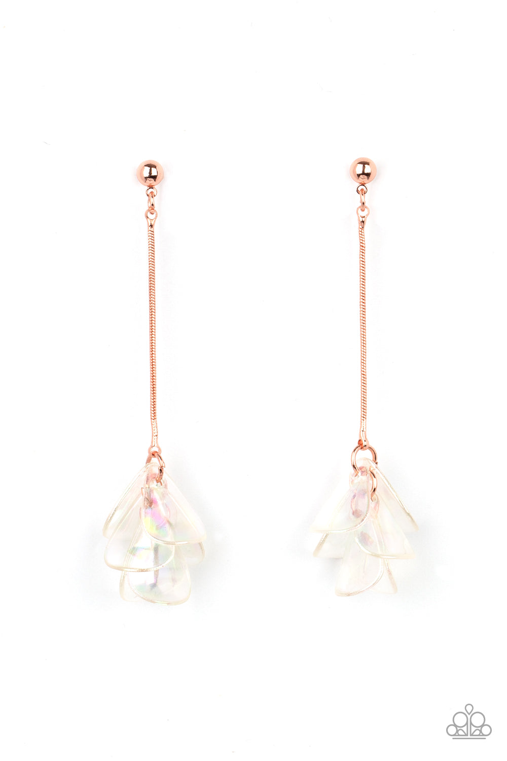 Keep Them In Suspense Copper Post Earring - Paparazzi Accessories  Iridescent acrylic petals delicately cluster at the bottom of a shiny copper chain, creating an ethereal tassel. Earring attaches to a standard post fitting.  All Paparazzi Accessories are lead free and nickel free!  Sold as one pair of post earrings.