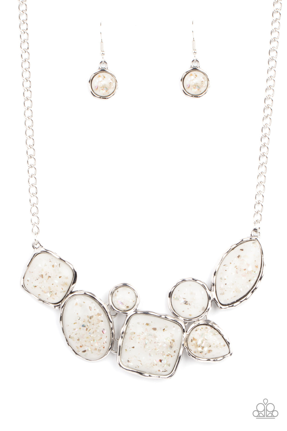 So Jelly White Necklace - Paparazzi Accessories  Flecks of iridescent shell-like pieces are encased in glassy white beads. Featuring hammered silver frames, the mismatched frames delicately cluster below the collar for an ethereal fashion. Features an adjustable clasp closure.  All Paparazzi Accessories are lead free and nickel free!  Sold as one individual necklace. Includes one pair of matching earrings.