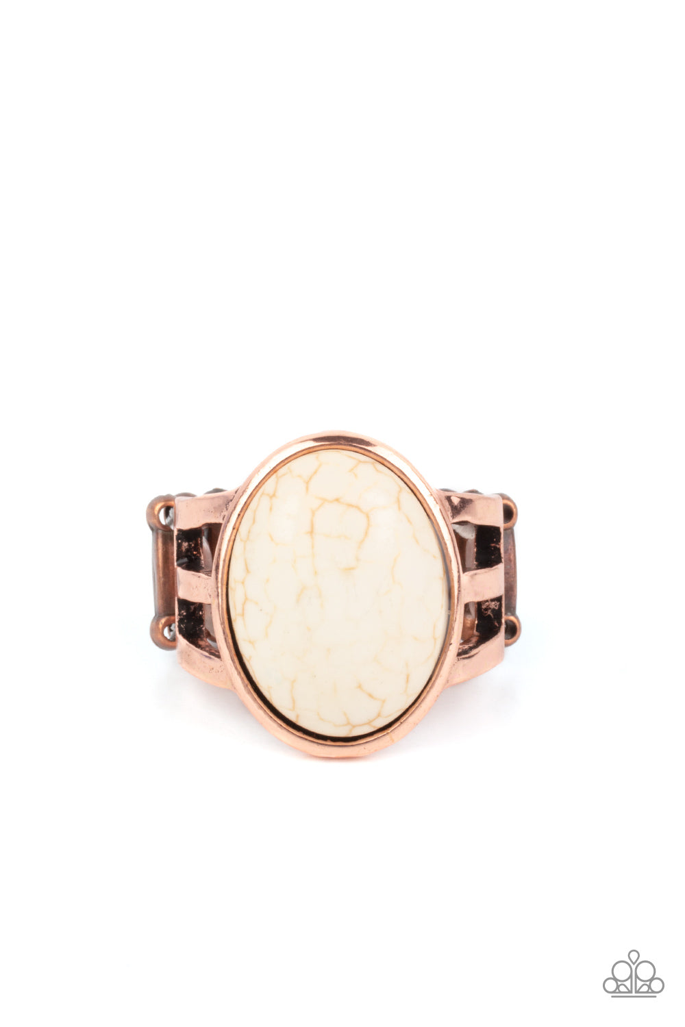 Divine Deserts Copper Ring - Paparazzi Accessories.  An oval white stone is nestled inside an antiqued copper frame that attaches to layered copper bands, creating a rustic stone centerpiece atop the finger. Features a stretchy band for a flexible fit.  ﻿﻿﻿All Paparazzi Accessories are lead free and nickel free!  Sold as one individual ring.