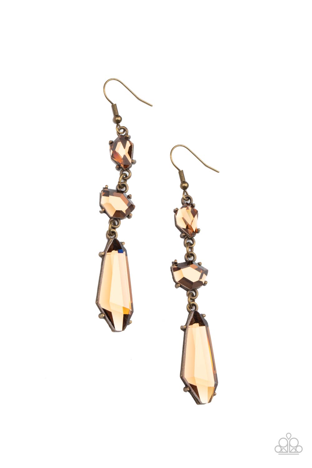 Sophisticated Smolder Brass Earring - Paparazzi Accessories  Featuring raw cuts, an asymmetrical collection of faceted smoky topaz gems trickles from the ear, creating a smoldering chandelier. Earring attaches to a standard fishhook fitting.  Sold as one pair of earrings.