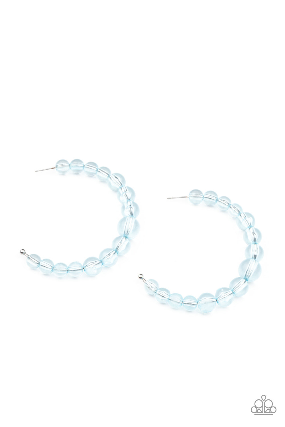 In The Clear Blue Hoop Earring - Paparazzi Accessories  Gradually increasing in size at the center, a glassy collection of Cerulean beads are threaded along an oversized hoop for a bubbly effect. Earring attaches to a standard post fitting. Hoop measures approximately 2 1/2" in diameter.  All Paparazzi Accessories are lead free and nickel free!  Sold as one pair of hoop earrings.
