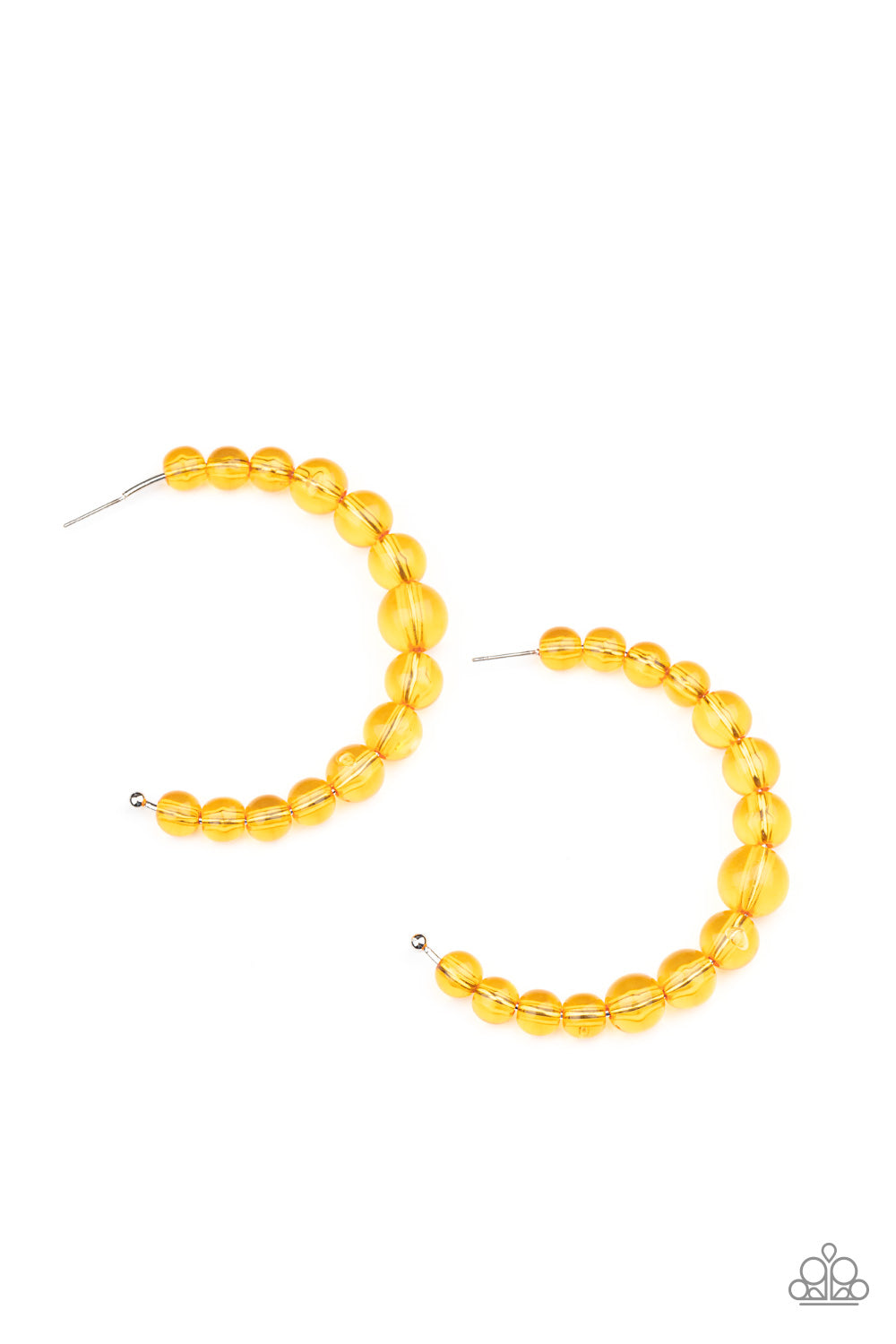 In The Clear Orange Hoop Earring - Paparazzi Accessories  Gradually increasing in size at the center, a glassy collection of Marigold beads are threaded along an oversized hoop for a bubbly effect. Earring attaches to a stand post fitting. Hoop measures approximately 2 1/2" in diameter.  All Paparazzi Accessories are lead free and nickel free!  Sold as one pair of hoop earrings.