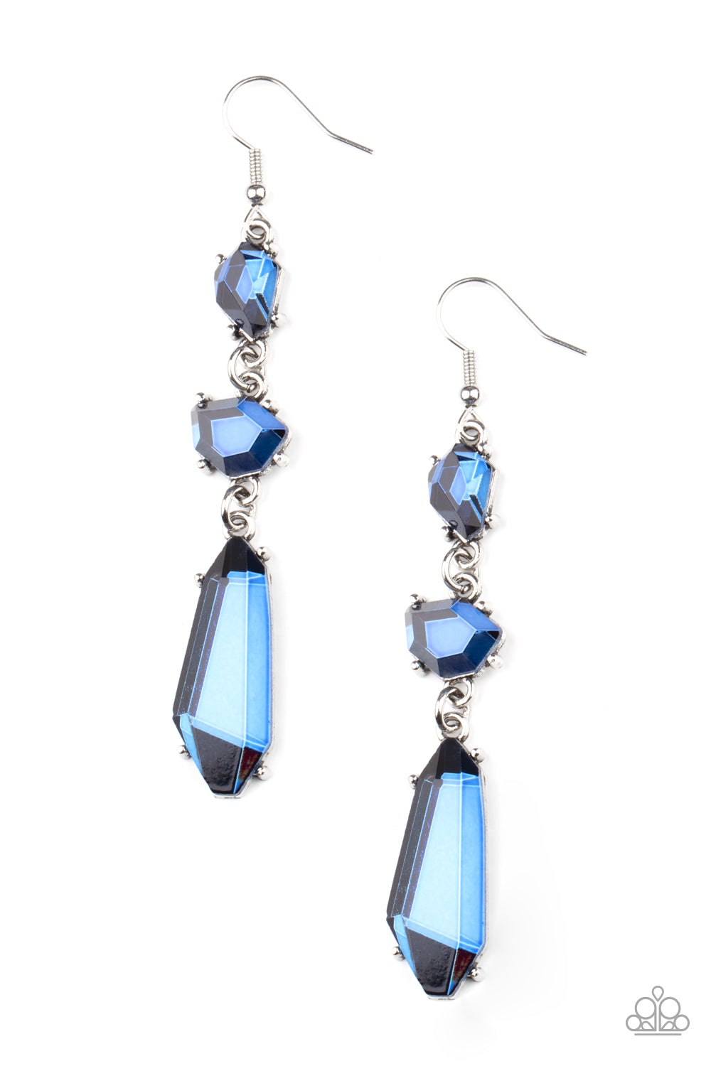 Sophisticated Smolder Blue Earring - Paparazzi Accessories  Featuring raw cuts, an asymmetrical collection of faceted blue gems trickles from the ear, creating a smoldering chandelier. Earring attaches to a standard fishhook fitting.  All Paparazzi Accessories are lead free and nickel free!  Sold as one pair of earrings.
