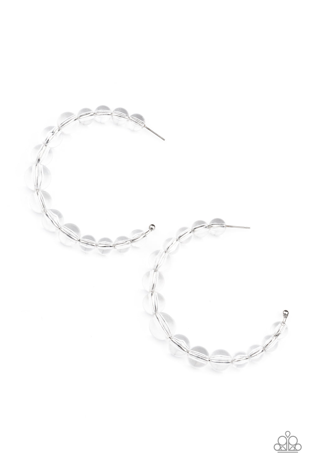 In The Clear White Hoop Earring - Paparazzi Accessories  Gradually increasing in size at the center, a glassy collection of white beads are threaded along an oversized hoop for a bubbly effect. Earring attaches to a standard post fitting. Hoop measure approximately 2 1/2" in diameter.  All Paparazzi Accessories are lead free and nickel free!  Sold as one pair of hoop earrings.