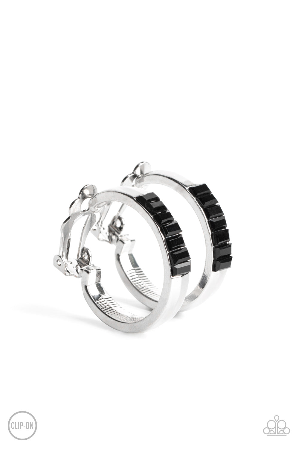Ready, Steady, GLOW Black Clip-On Earring - Paparazzi Accessories  Featuring emerald style cuts, a row of glassy black rhinestones adorn the top front of a thick silver hoop for a classic finish. Earring attaches to a standard clip-on fitting.  Sold as one pair of clip-on earrings.