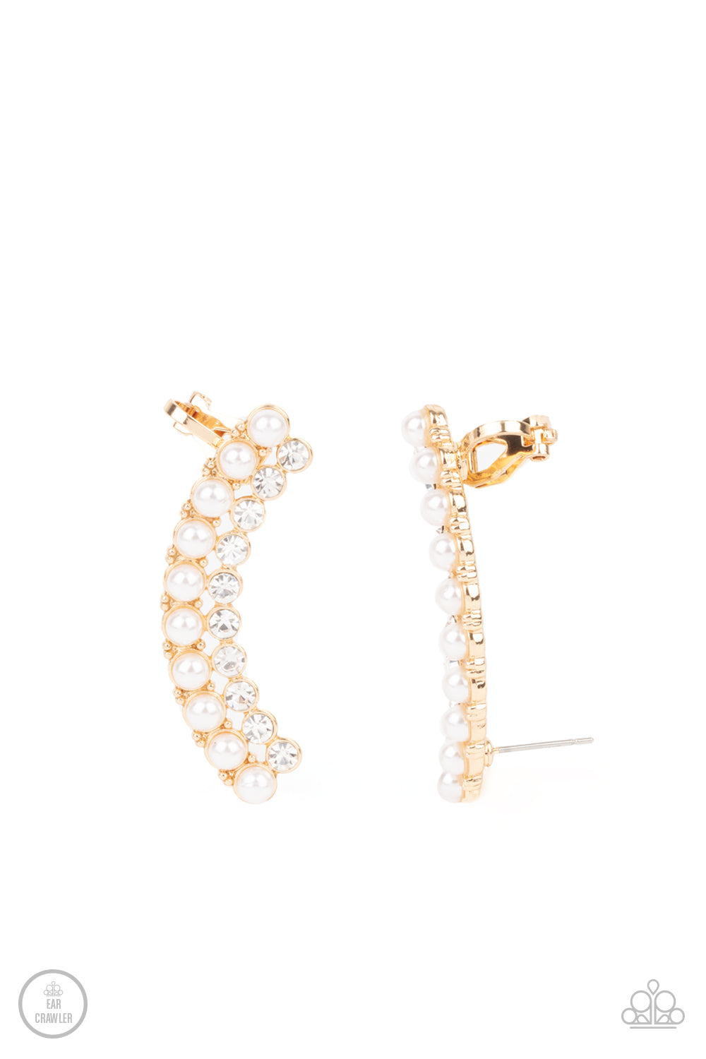 Doubled Down On Dazzle Gold Ear Crawler Earring - Paparazzi Accessories  Featuring classic gold fittings, two rows of dainty white pearls and glassy white rhinestones arch into a timeless statement piece. Earring attaches to a standard post earring. Features a clip-on fitting at the top for a secure fit.  Sold as one pair of ear crawlers.