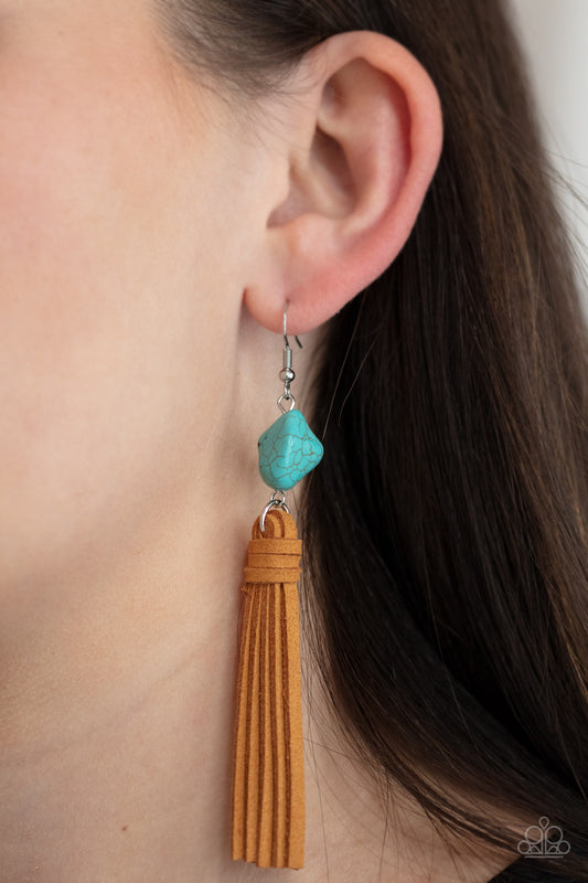 All-Natural Allure Blue Earring - Paparazzi Accessories  A rustic brown suede tassel swings from the bottom of an imperfect turquoise stone, creating an earthy centerpiece. Earring attaches to a standard fishhook fitting.  All Paparazzi Accessories are lead free and nickel free!  Sold as one pair of earrings.