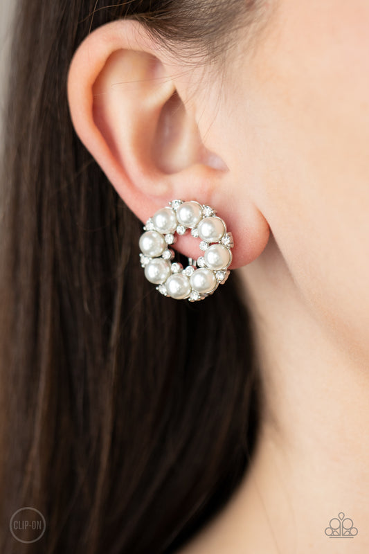 Roundabout Ritz White Clip-On Earring - Paparazzi Accessories
