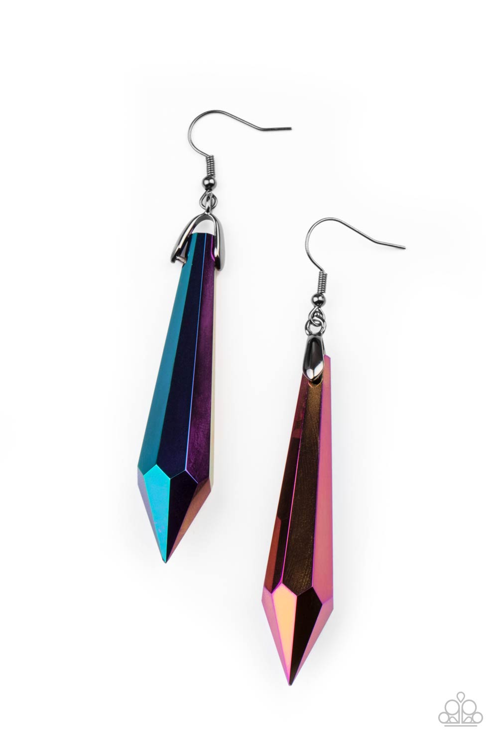 Sharp Dressed DIVA Multi Earring - Paparazzi Accessories  Featuring a stellar oil spill finish, a dramatically elongated gem attaches to a gunmetal fitting that swings from the ear for a hypnotizing fashion. Earring attaches to a standard fishhook fitting.  All Paparazzi Accessories are lead free and nickel free!  Sold as one pair of earrings.