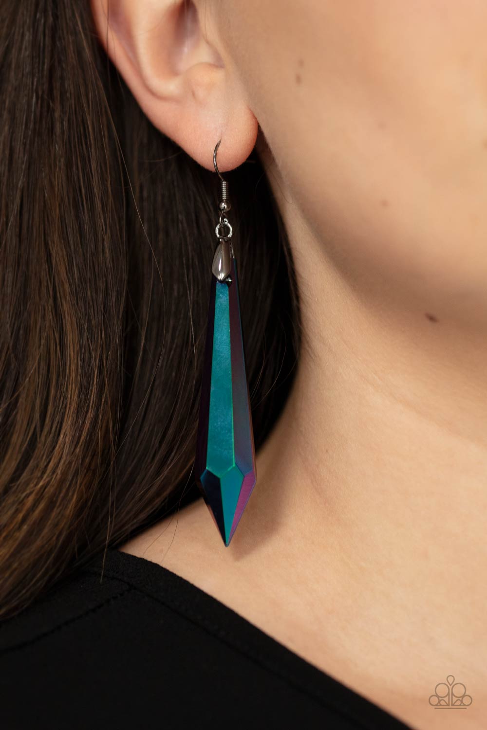 Sharp Dressed DIVA Multi Earring - Paparazzi Accessories  Featuring a stellar oil spill finish, a dramatically elongated gem attaches to a gunmetal fitting that swings from the ear for a hypnotizing fashion. Earring attaches to a standard fishhook fitting.  All Paparazzi Accessories are lead free and nickel free!  Sold as one pair of earrings.