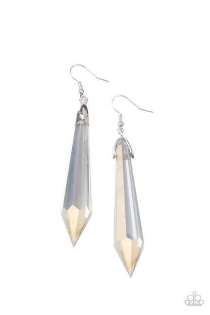 Sharp Dressed DIVA Multi Earring - Paparazzi Accessories  Featuring a stellar iridescent finish, a dramatically elongated white gem attaches to a silver fitting that swings from the ear for a hypnotizing fashion. Earring attaches to a standard fishhook fitting.  All Paparazzi Accessories are lead free and nickel free!  Sold as one pair of earrings.