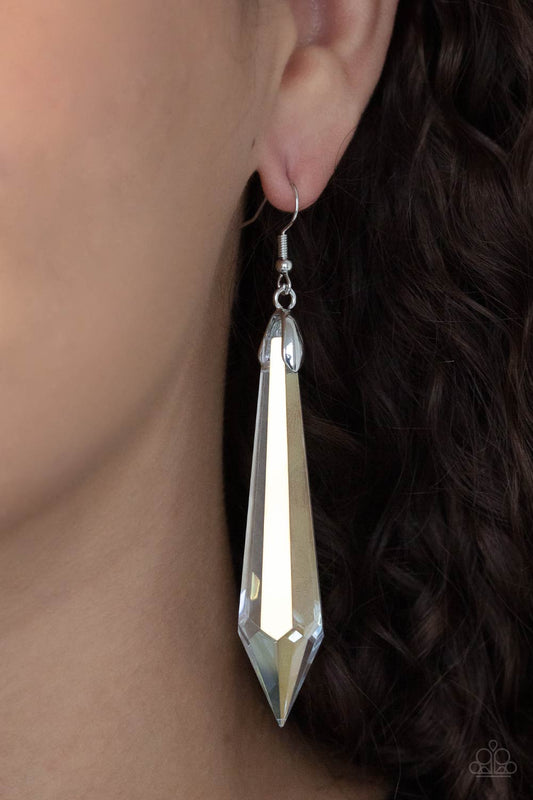 Sharp Dressed DIVA Multi Earring - Paparazzi Accessories  Featuring a stellar iridescent finish, a dramatically elongated white gem attaches to a silver fitting that swings from the ear for a hypnotizing fashion. Earring attaches to a standard fishhook fitting.  All Paparazzi Accessories are lead free and nickel free!  Sold as one pair of earrings.